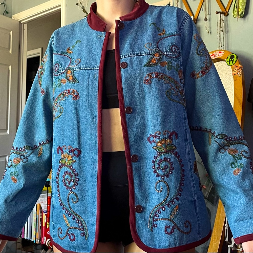 Has a windbreaker type lining and is much lighter than a typical jean jacket.